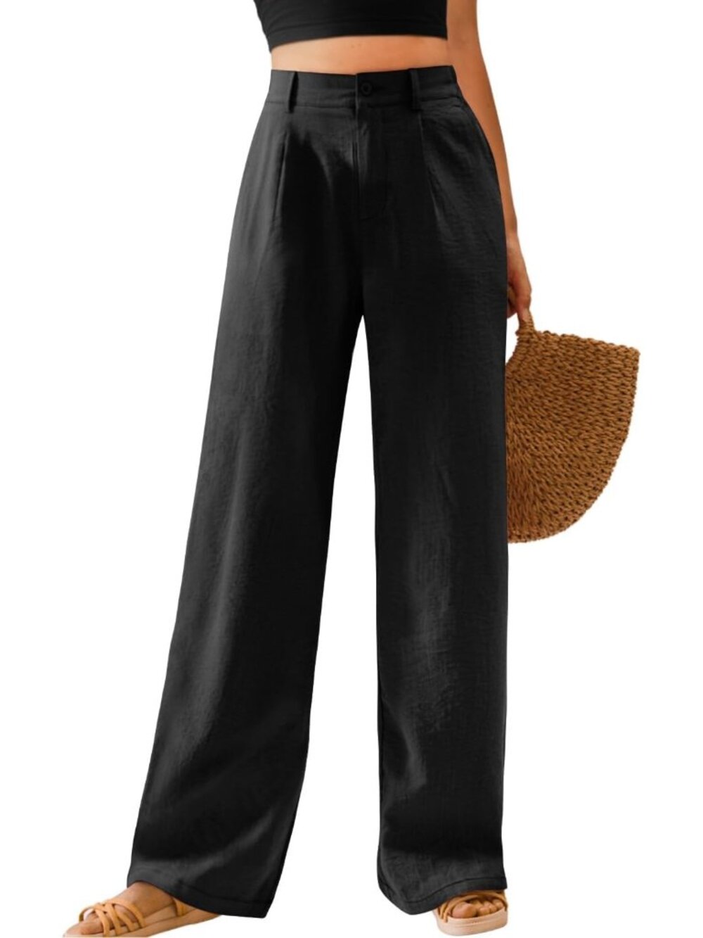 Women's Black High Waisted Button Down Straight Long Casual Wide Leg Pants